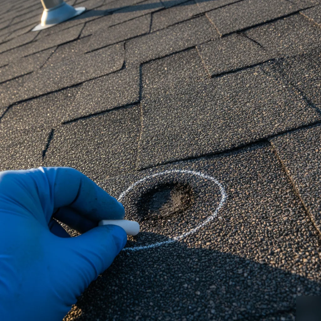 Close-up of a gloved hand circling a hail impact bruise on an asphalt shingle with chalk during roof insurance claim inspection in Leesburg VA