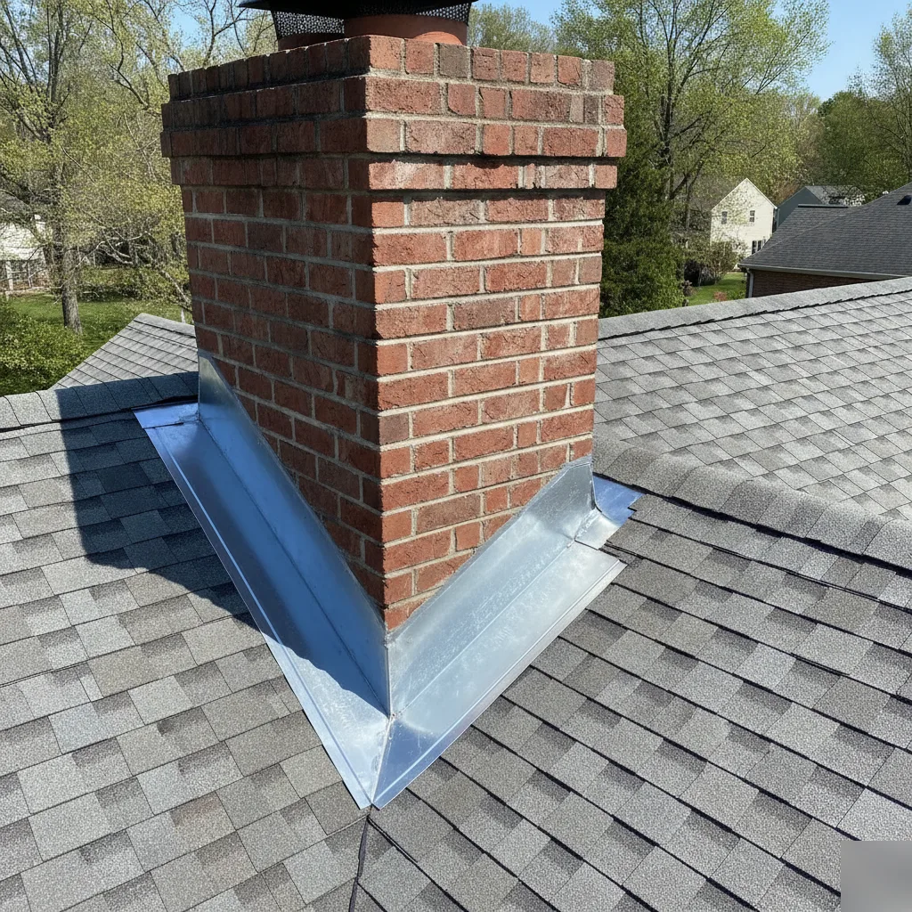 Completed chimney flashing repair on a brick chimney with new galvanized step and counter flashing on a Leesburg VA residential roof