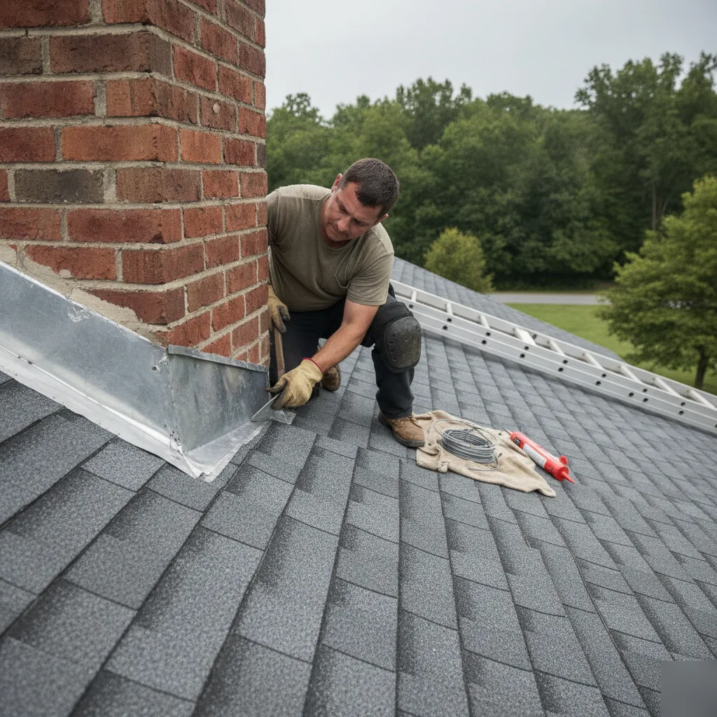 Contractor fitting new galvanized step flashing at the base of a brick chimney on a Leesburg VA asphalt shingle roof with sealant and wire staged nearby