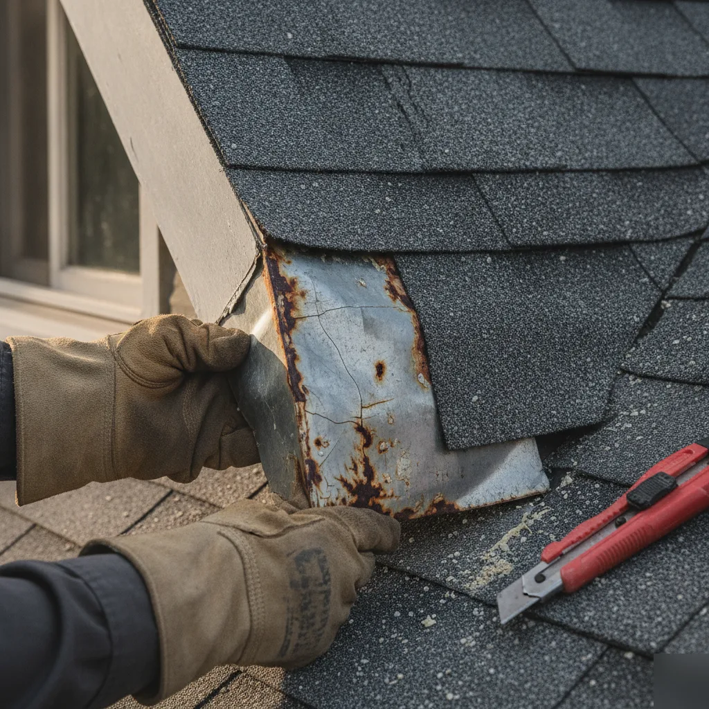Close-up of corroded rusted roof flashing being removed from a wall-to-roof joint on a Leesburg VA home showing through-rust and cracked sealant