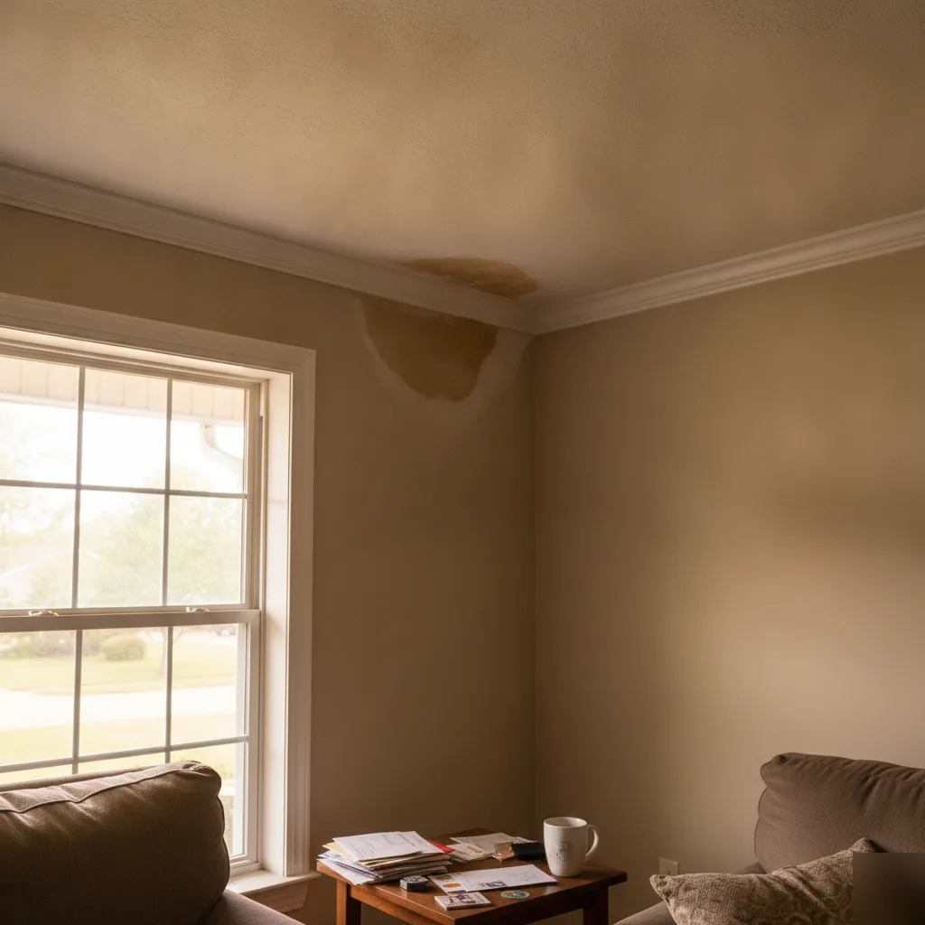 Brown water stain on ceiling corner of a Leesburg VA living room caused by failed roof flashing allowing water intrusion