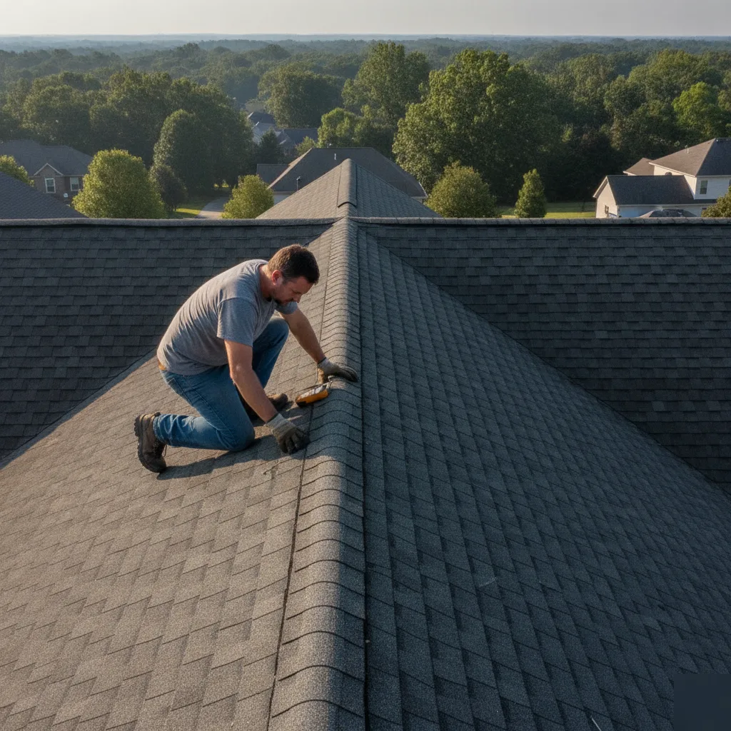 Roofing contractor kneeling at ridge inspecting asphalt shingles on a residential roof in Leesburg VA with neighborhood visible in background
