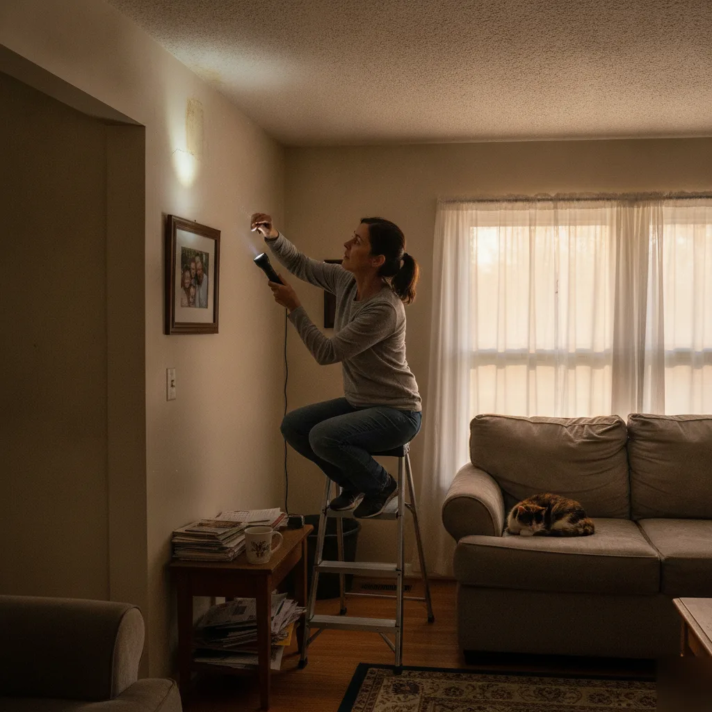 Homeowner on a step stool shining a flashlight at a water stain on the ceiling corner of a Leesburg VA living room