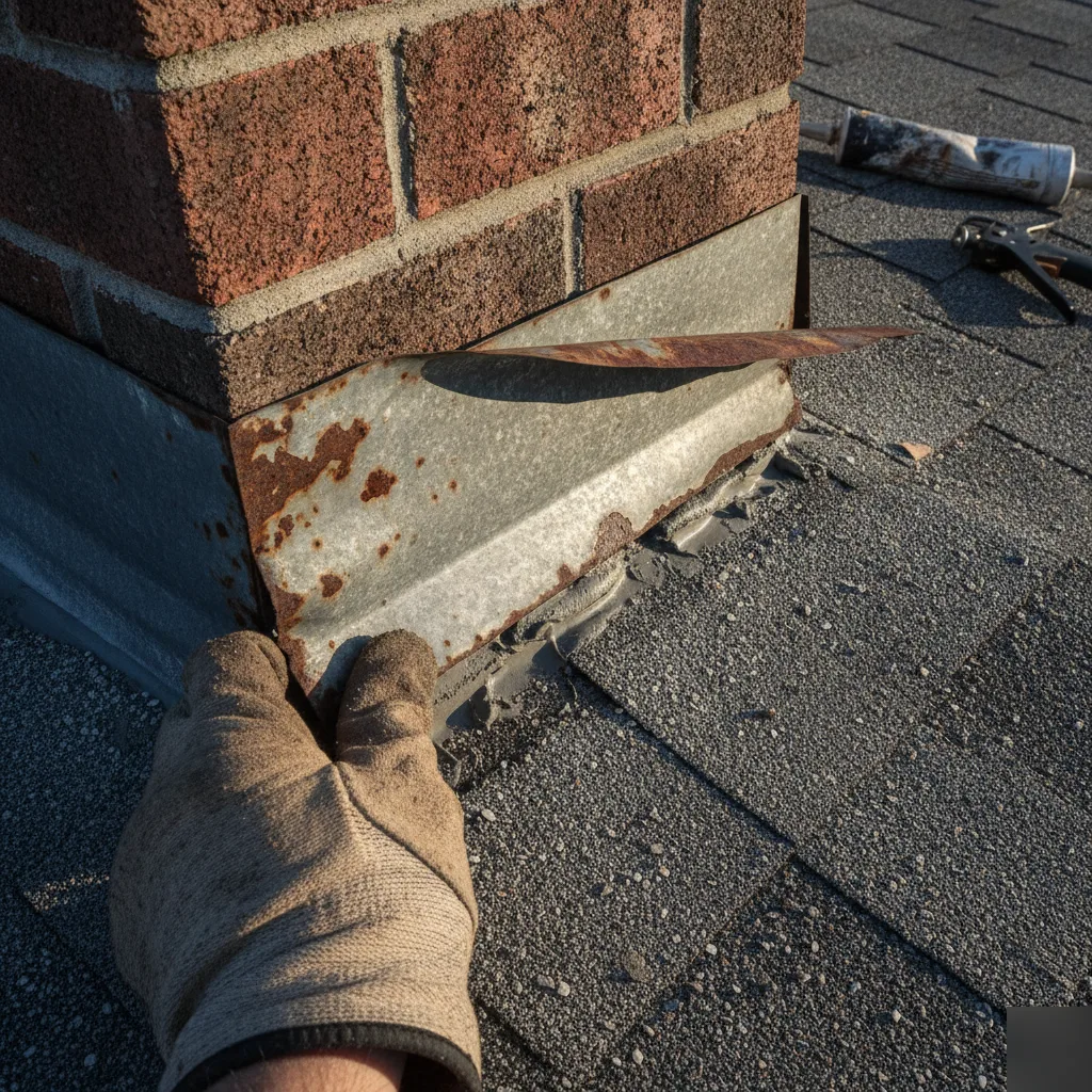 Inspector's gloved hand lifting corroded chimney counter flashing during roof inspection on a Leesburg VA home revealing rust and failed sealant