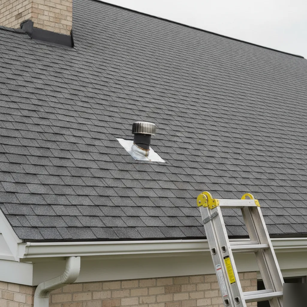 Residential asphalt shingle roof in Leesburg VA with a ladder against the gutter showing a repaired vent pipe boot area after a roof inspection found the problem