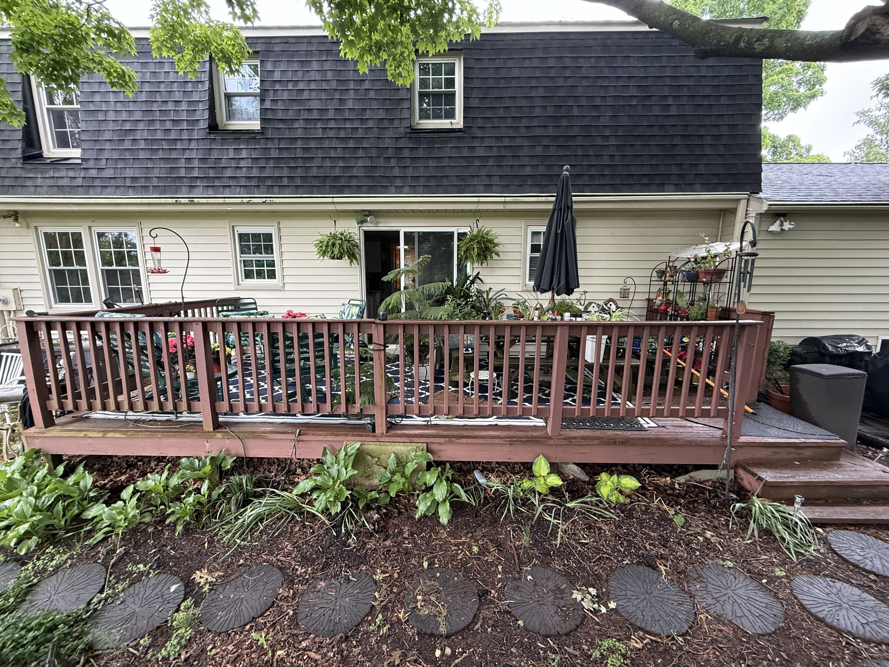 Home exterior with deck, siding and roof visible from the backyard