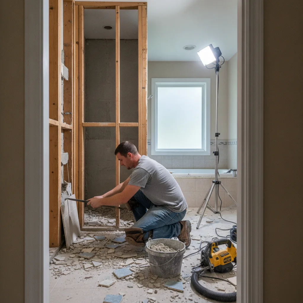 Contractor removing old tile during demolition of a master bathroom remodel in a Leesburg VA home