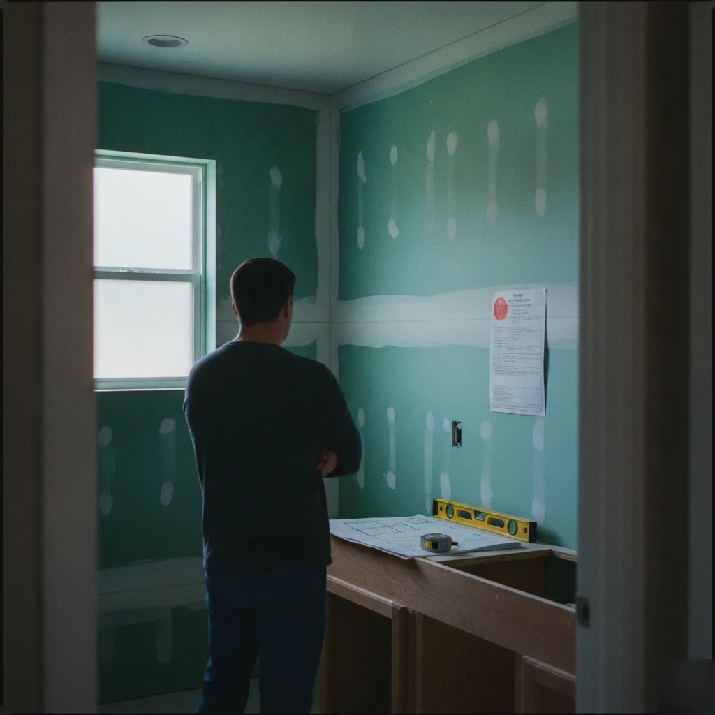 Homeowner reviewing a posted building permit and inspection notice in a bathroom under renovation in a Leesburg VA home