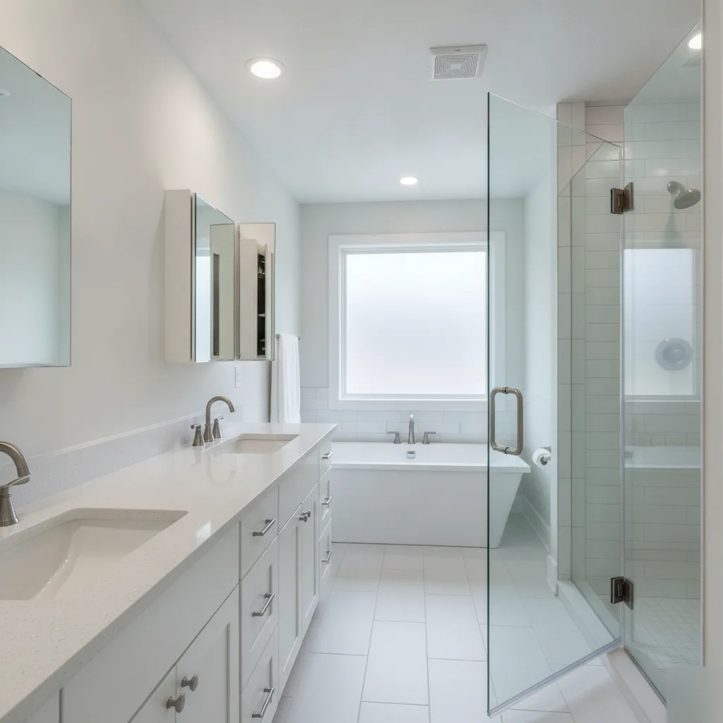 Completed master bathroom remodel with quartz double vanity and freestanding tub in a Leesburg VA home