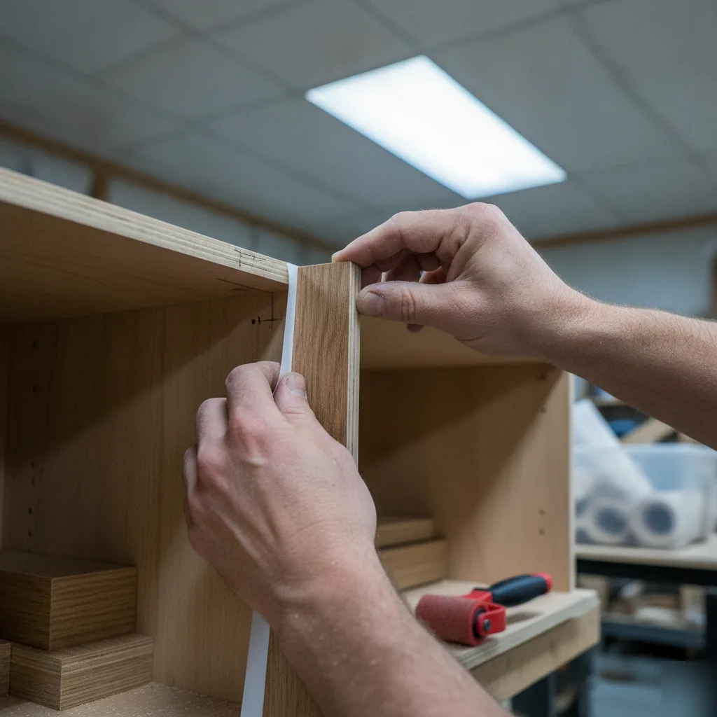 Contractor applying new veneer edge to a cabinet box during a kitchen cabinet refacing project in a Leesburg VA home