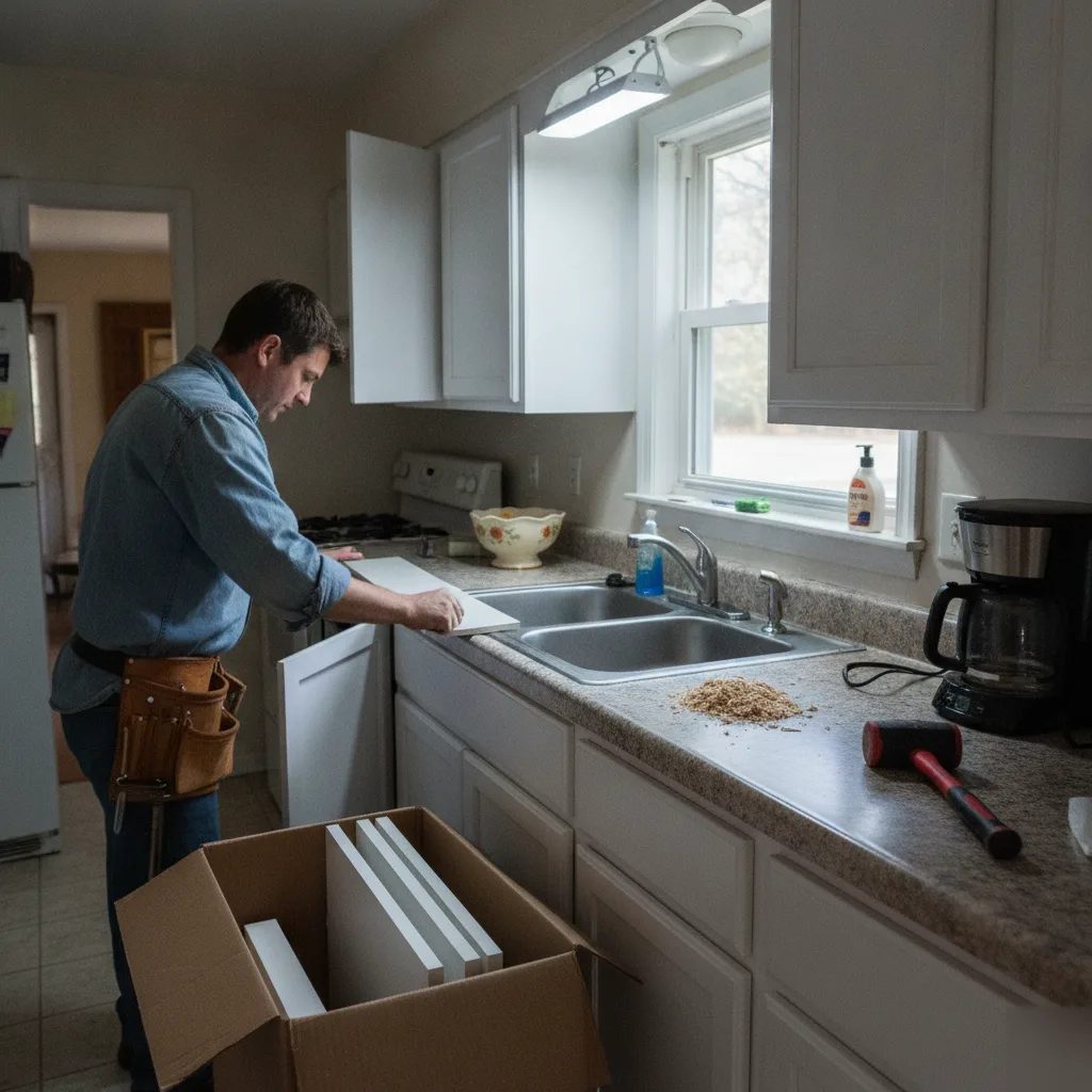 Contractor installing a new cabinet door panel during a kitchen cabinet refacing project in a Leesburg VA home