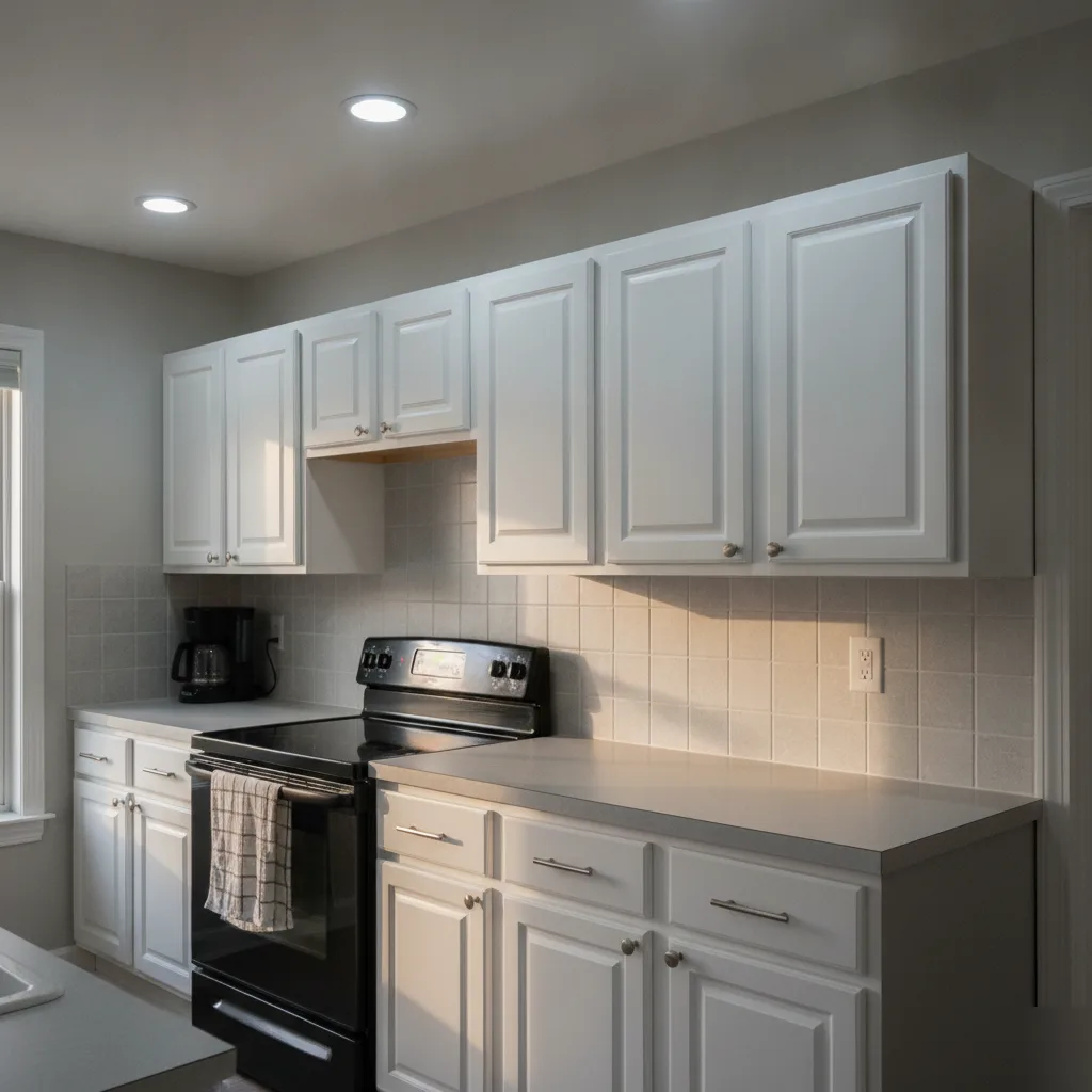 Completed kitchen cabinet refacing with white raised-panel doors in a Leesburg VA home
