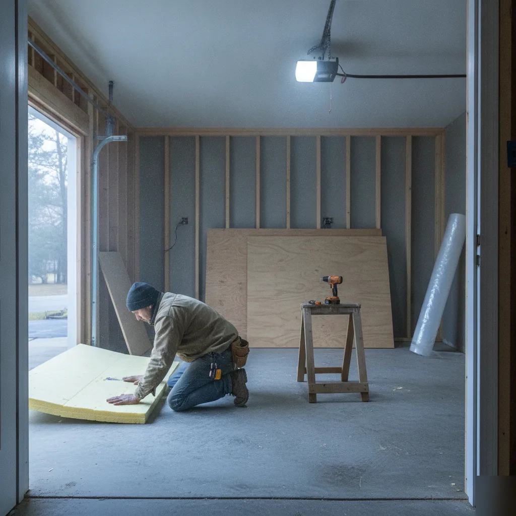 Contractor installing rigid insulation on the concrete slab during a garage conversion in a Leesburg VA home