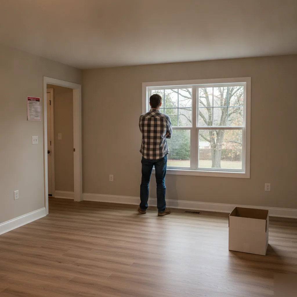 Homeowner standing in a finished garage conversion room looking out the window in a Leesburg VA home