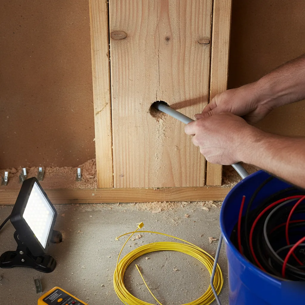 Contractor running electrical wiring through a stud wall during a garage conversion in a Leesburg VA home