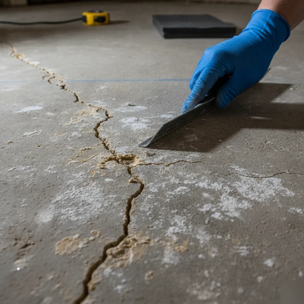 Contractor examining a cracked concrete basement slab with a scraper tool in a Leesburg VA home