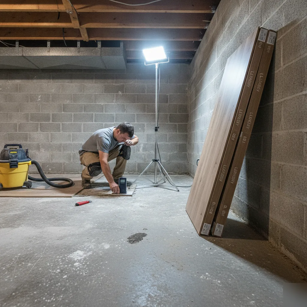Contractor testing moisture levels on a concrete basement slab before flooring installation in a Leesburg VA home