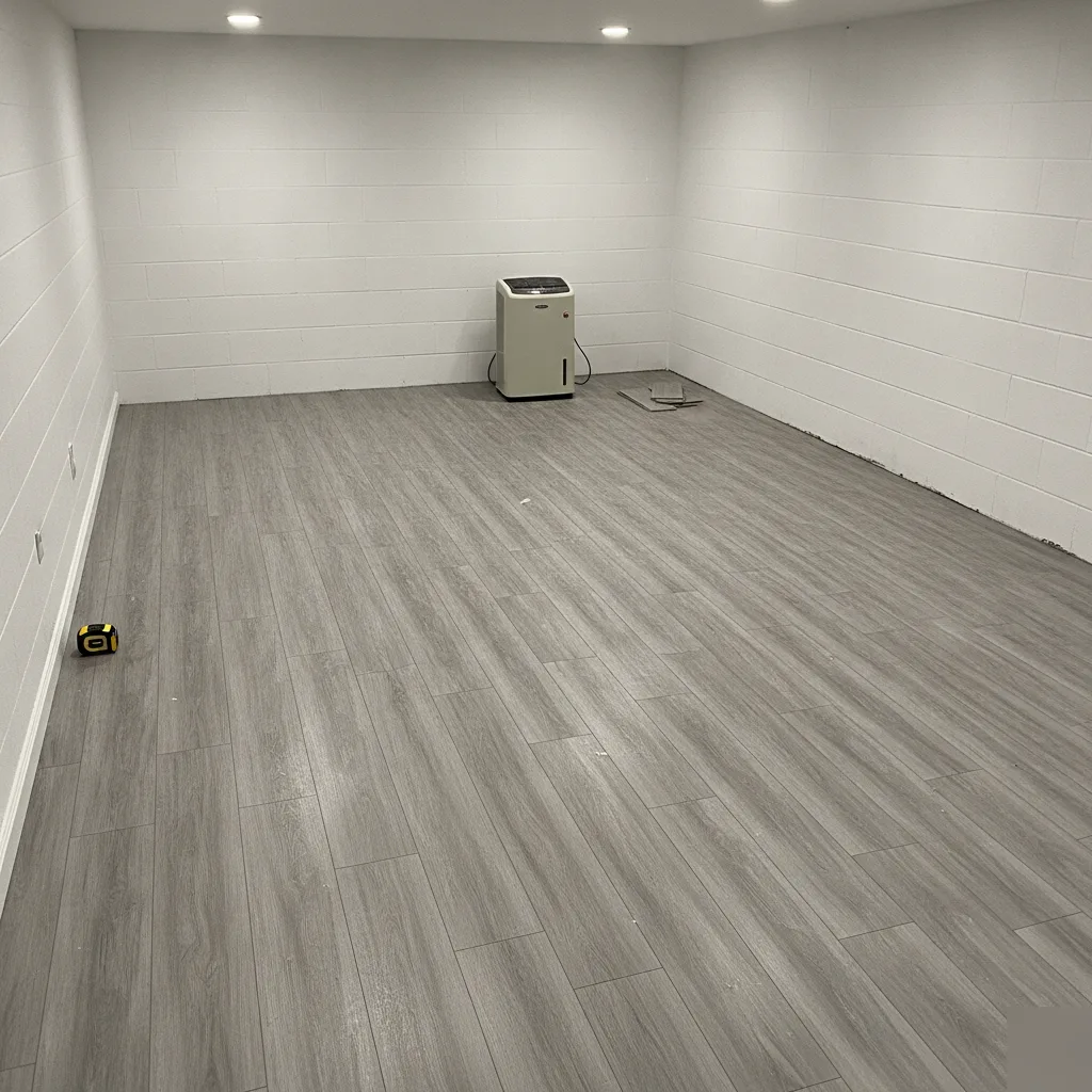Finished basement with gray luxury vinyl plank flooring and dehumidifier in a Leesburg VA home