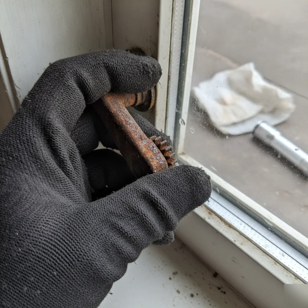 Close-up of a corroded casement window crank mechanism showing wear in an Ashburn VA home