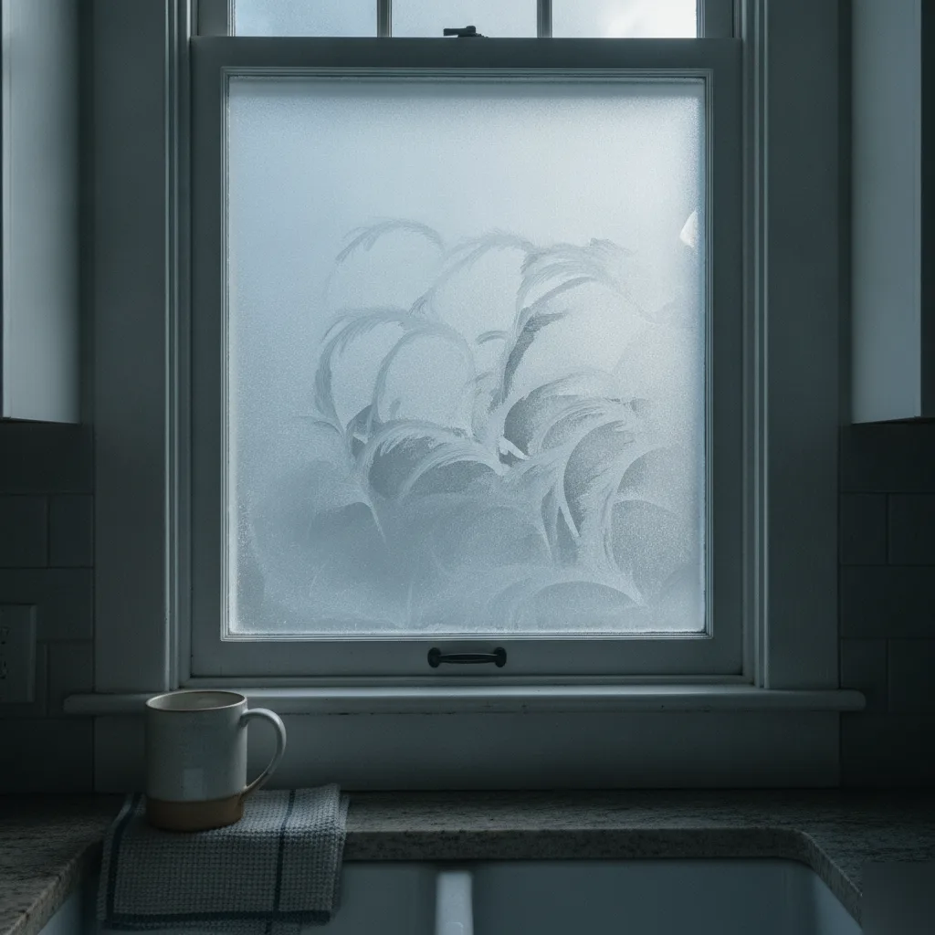 Frosted, fogged casement window above a kitchen sink showing a failed seal in an Ashburn VA home