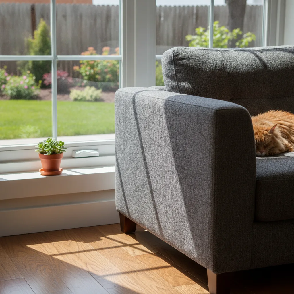 Finished casement window installation with a cat resting on the sofa in a sunny living room in an Ashburn VA home