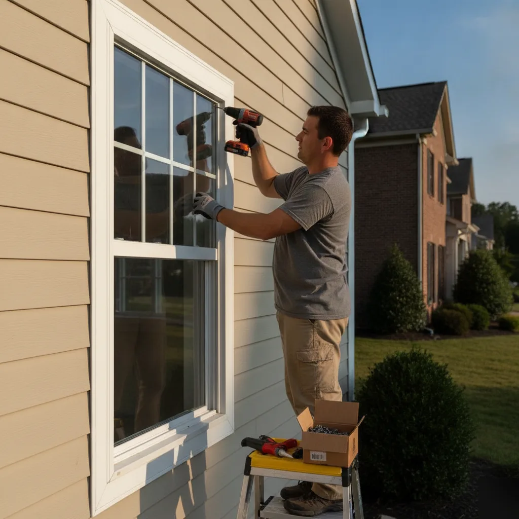 Contractor installing a casement window into the exterior frame of an Ashburn VA home