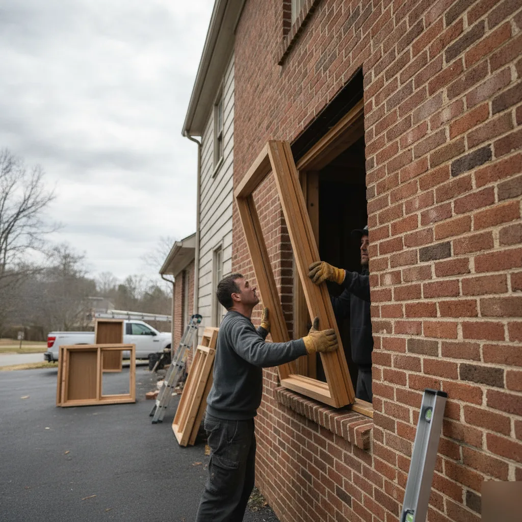 Two contractors installing a custom-shaped window into a brick opening on an Ashburn VA colonial home