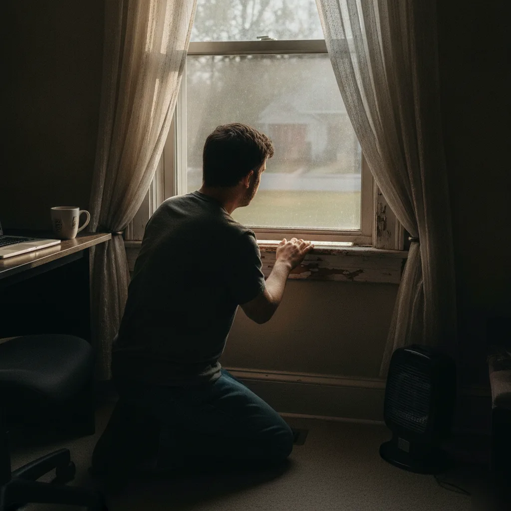 Homeowner inspecting a drafty window with peeling paint in a home office in an Ashburn VA home