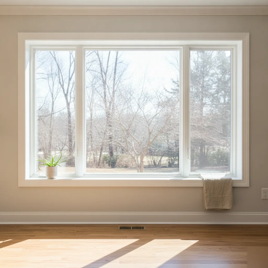 Finished custom three-panel window installation in a bright living room in an Ashburn VA home