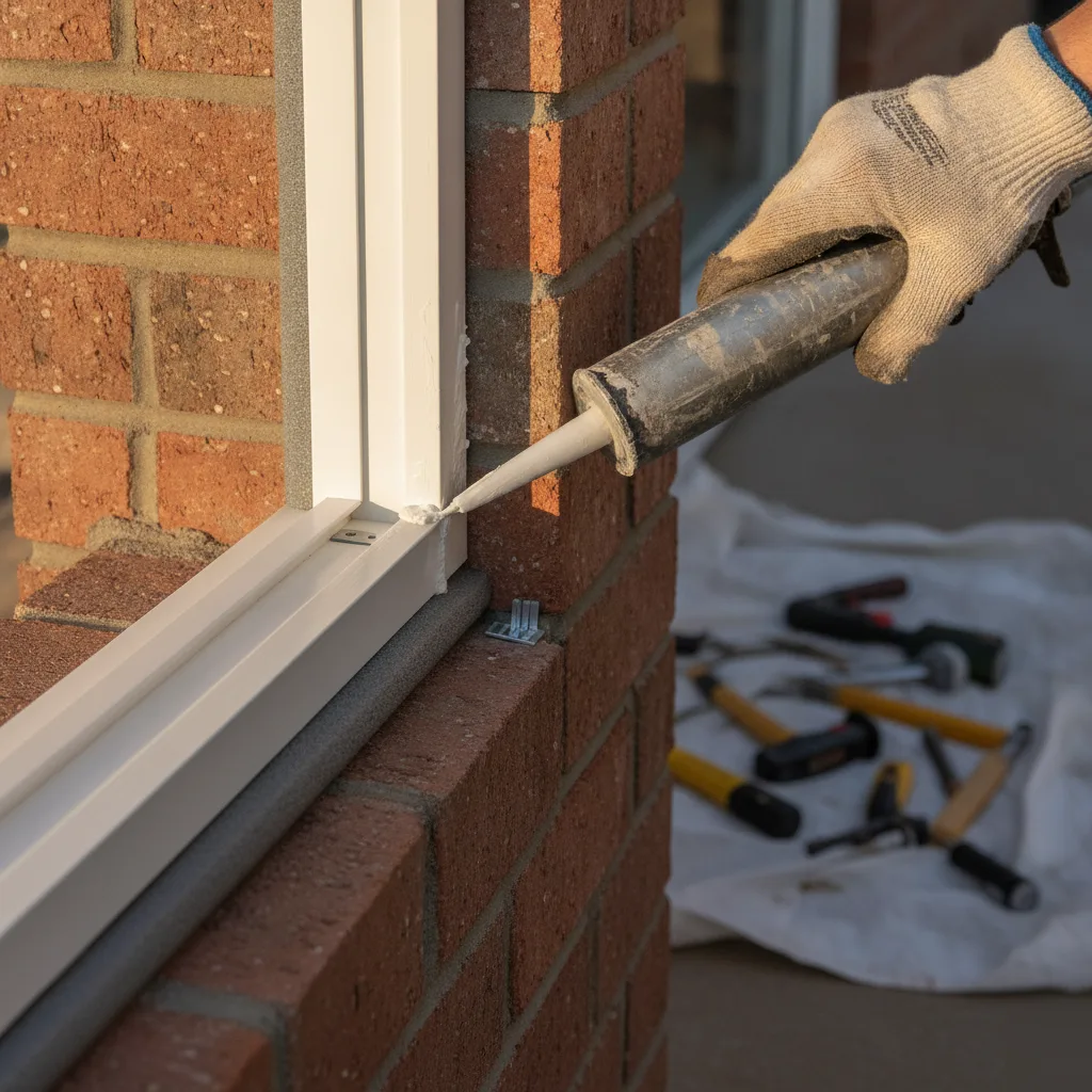 Contractor applying sealant around a custom window frame against brick siding in an Ashburn VA home