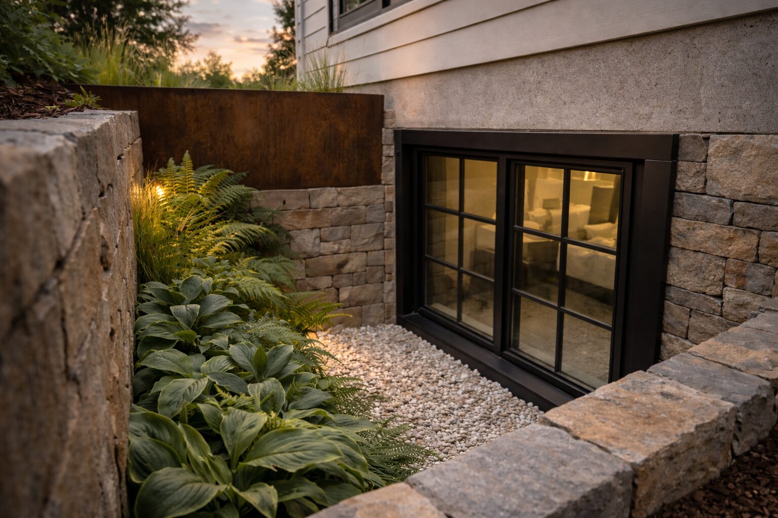 Finished egress window installation bringing natural light into a basement bedroom in an Ashburn VA home