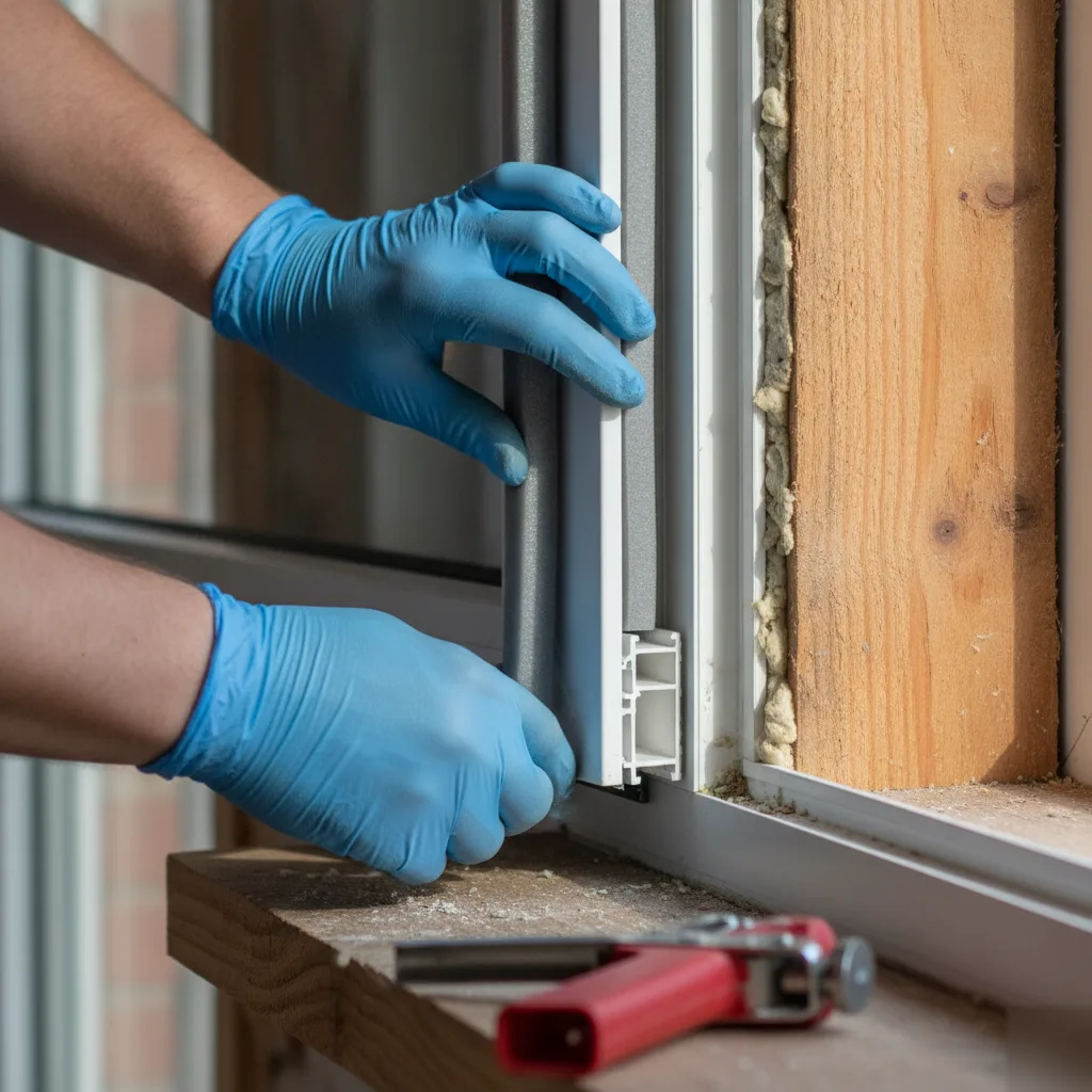 Contractor installing a tight seal around a new energy-efficient window frame in an Ashburn VA home