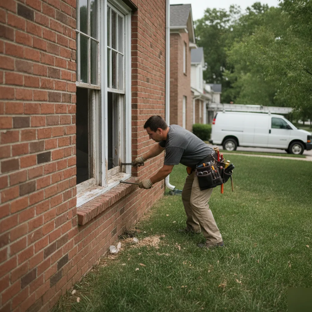 Contractor removing an old window from a brick townhome exterior during a window replacement in Ashburn VA