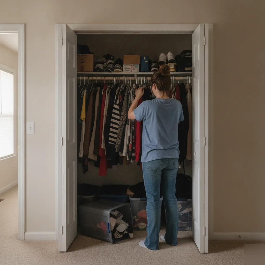 Homeowner reaching into an overcrowded builder-grade reach-in closet with bins stacked on the floor in a Leesburg VA home