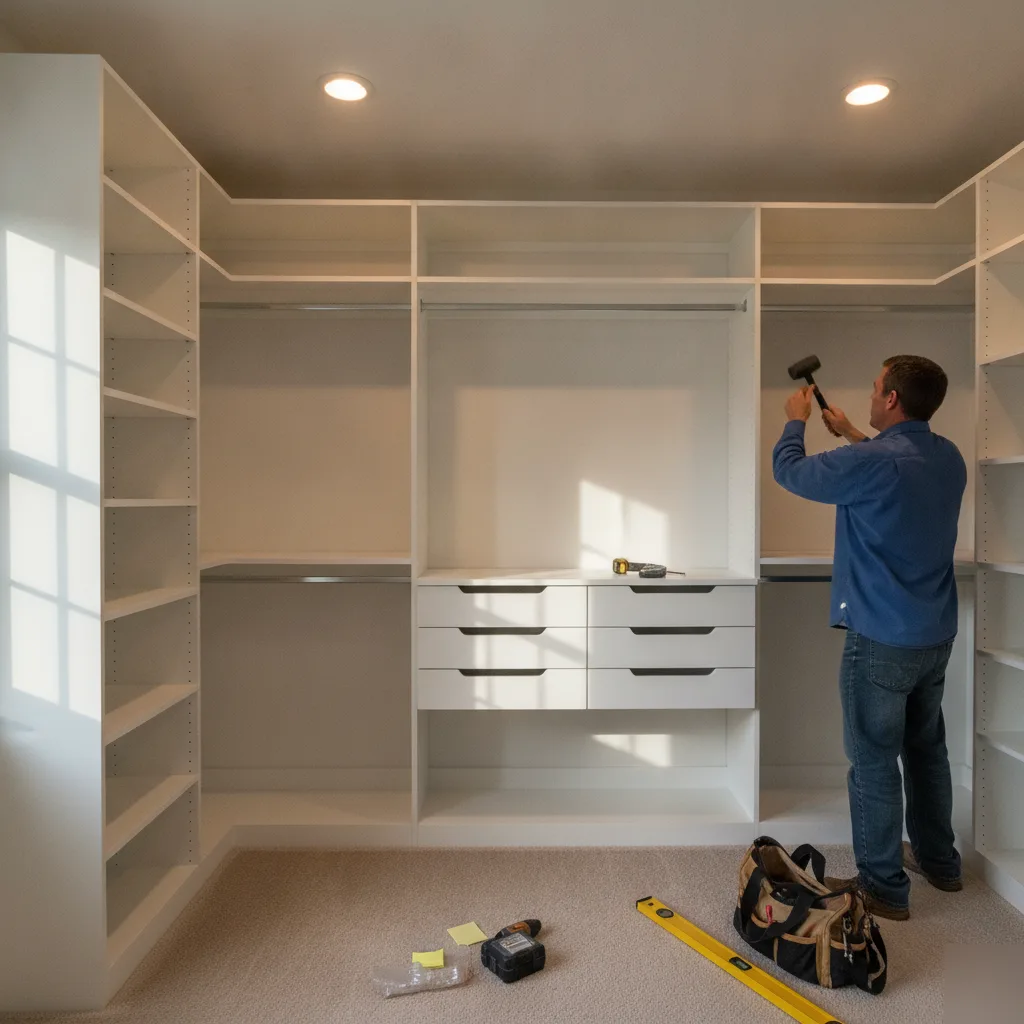 Contractor installing custom shelving and drawer units during a closet remodel in a Leesburg VA home