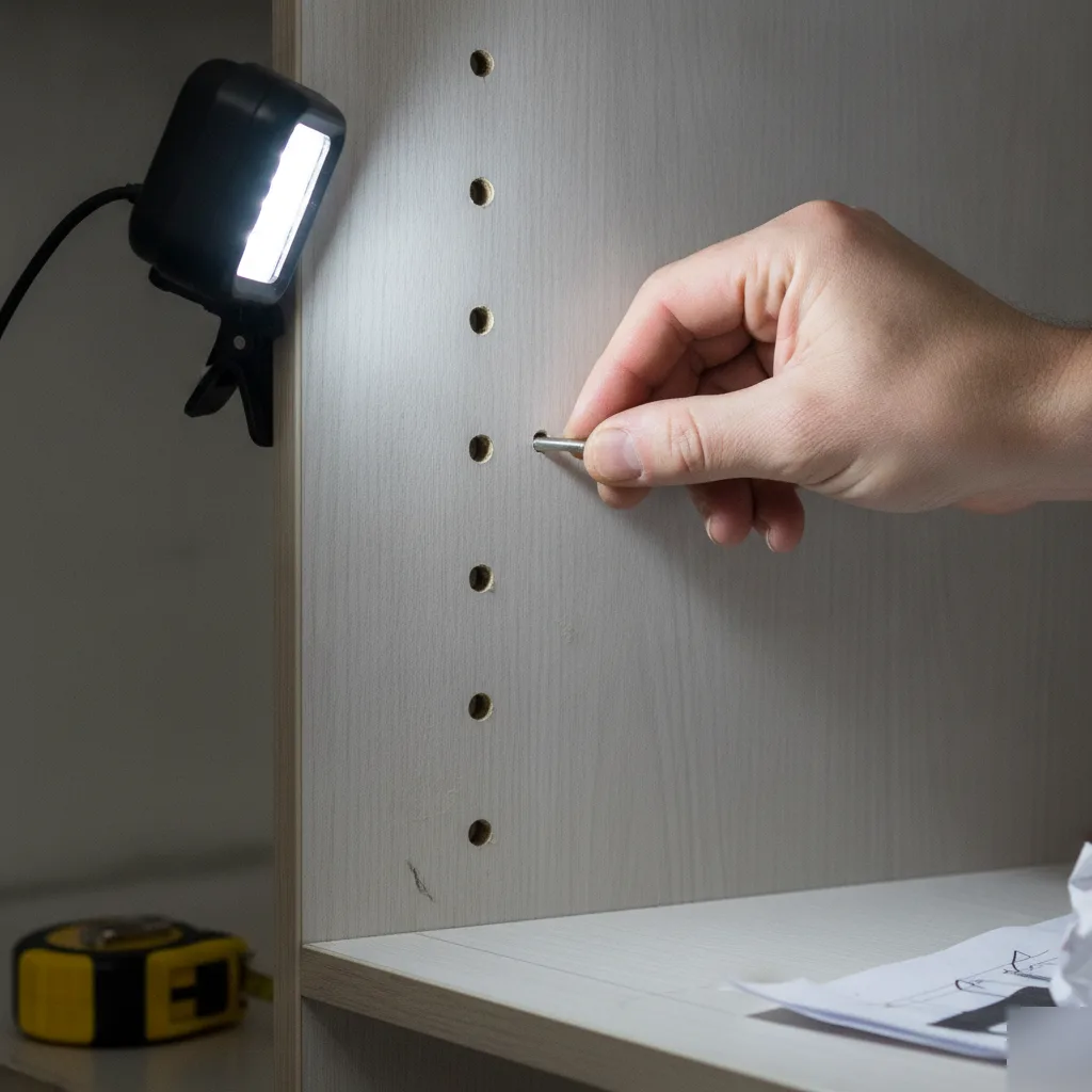 Contractor installing a shelf pin into a cabinet panel during the finishing stage of a closet remodel in a Leesburg VA home