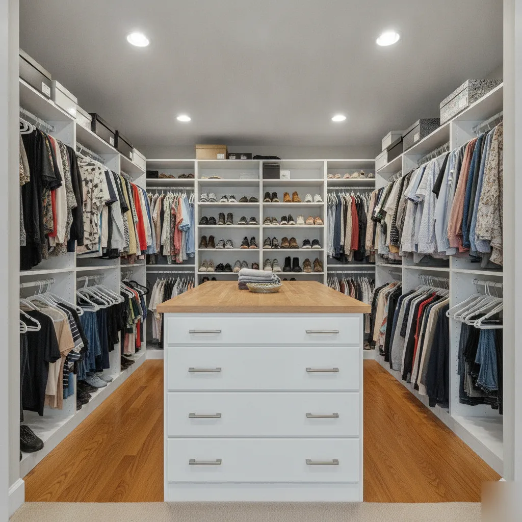 Completed walk-in closet remodel with custom shelving and center island in a Leesburg VA home
