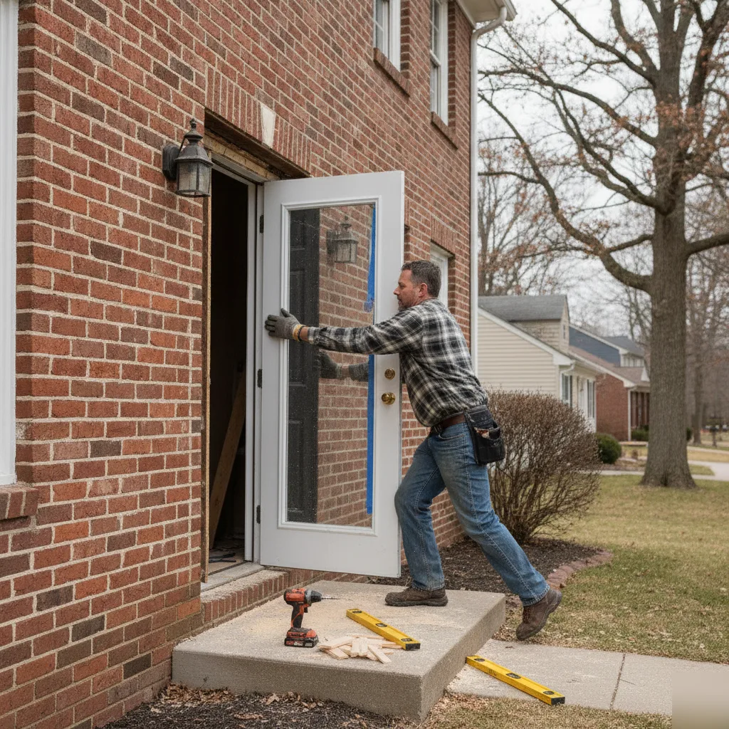 Contractor installing a pre-hung entry door unit into a brick home opening in Leesburg VA