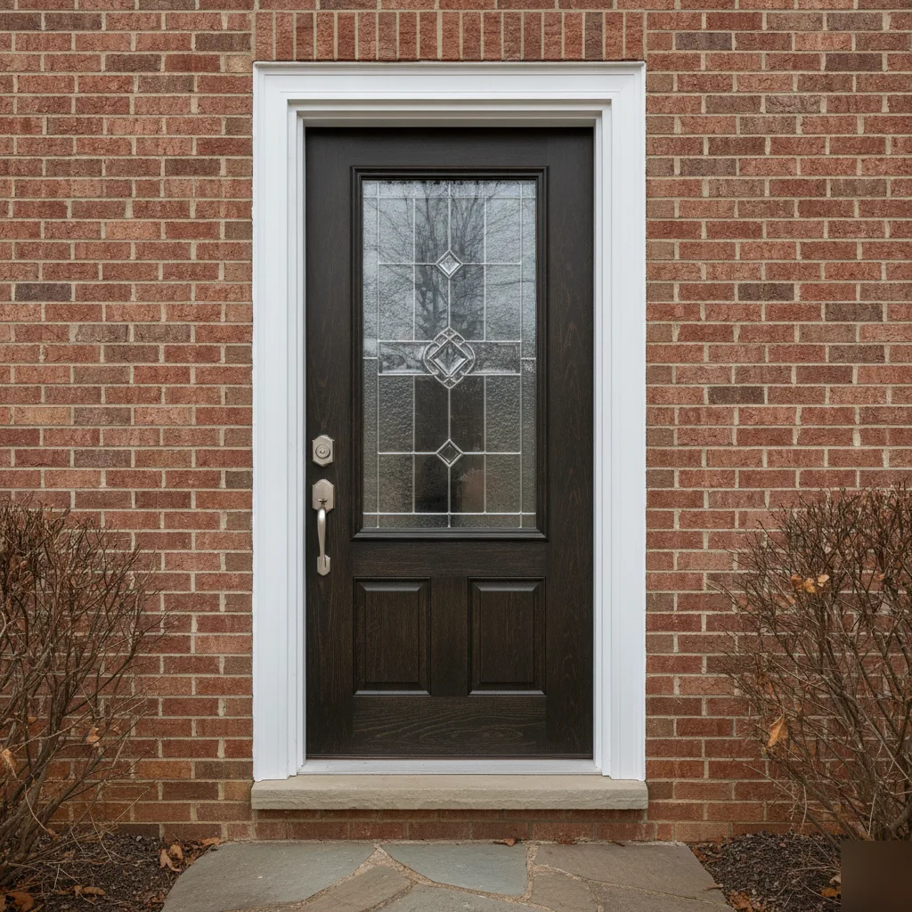 Newly installed dark fiberglass entry door with glass panel on a brick home in Leesburg VA