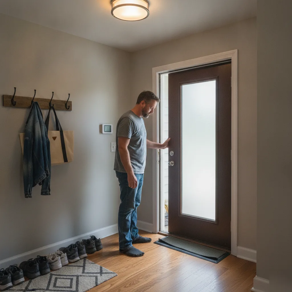 Homeowner opening and testing a newly installed entry door in a Leesburg VA home