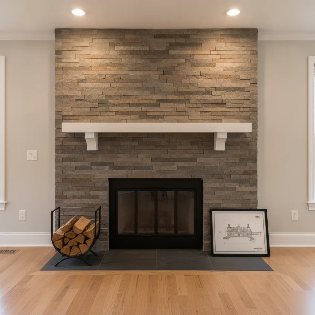 Completed fireplace remodel with ledger stone surround and custom mantel in a Leesburg VA home