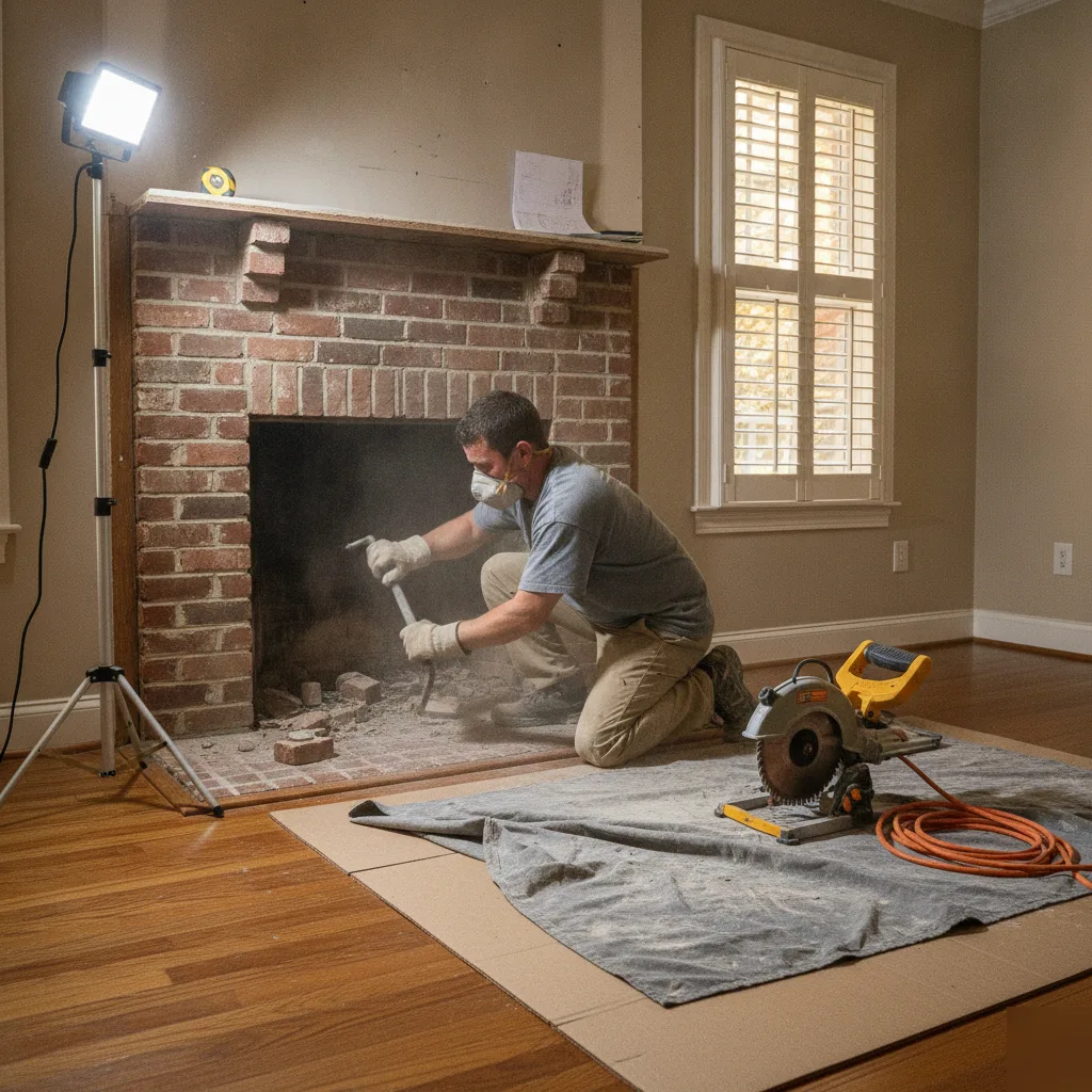 Contractor removing an old brick fireplace surround during a fireplace remodel in a Leesburg VA home