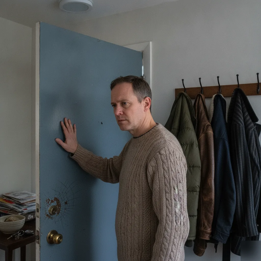 Homeowner touching an old damaged front door and feeling a draft in a Leesburg VA home entryway