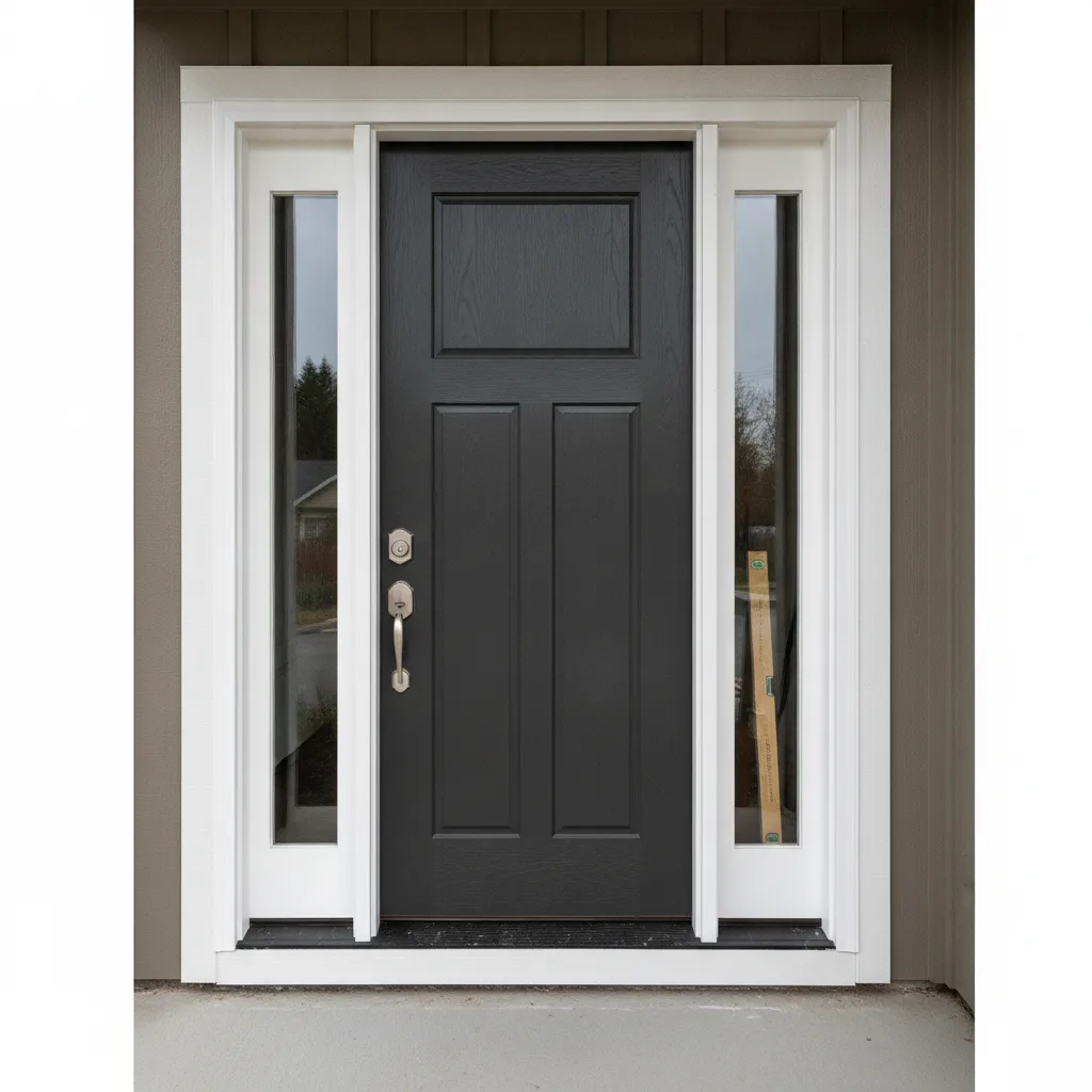 Newly installed dark fiberglass front door with sidelights on a craftsman-style home in Leesburg VA