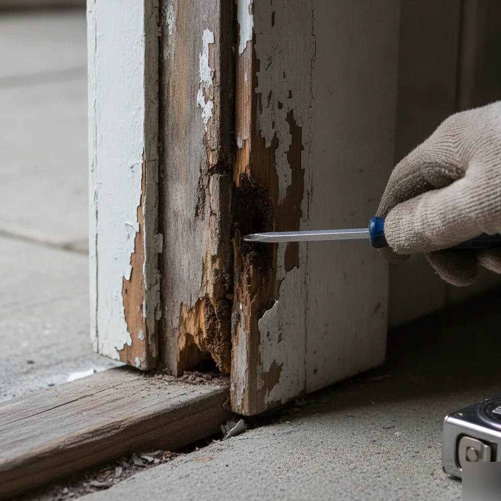 Contractor inspecting a rotted wood door jamb with peeling paint during a front door replacement in a Leesburg VA home