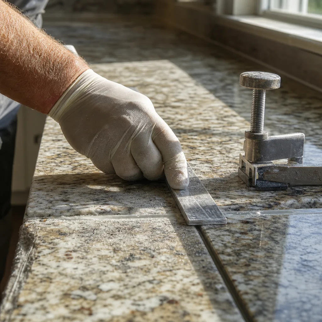 Homeowner comparing granite and quartz slab samples for a countertop installation in a Leesburg VA kitchen