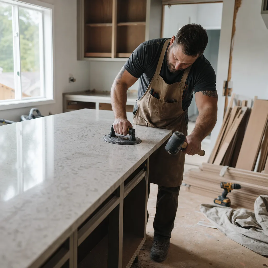 Completed quartz countertop installation with waterfall edge in a Leesburg VA kitchen