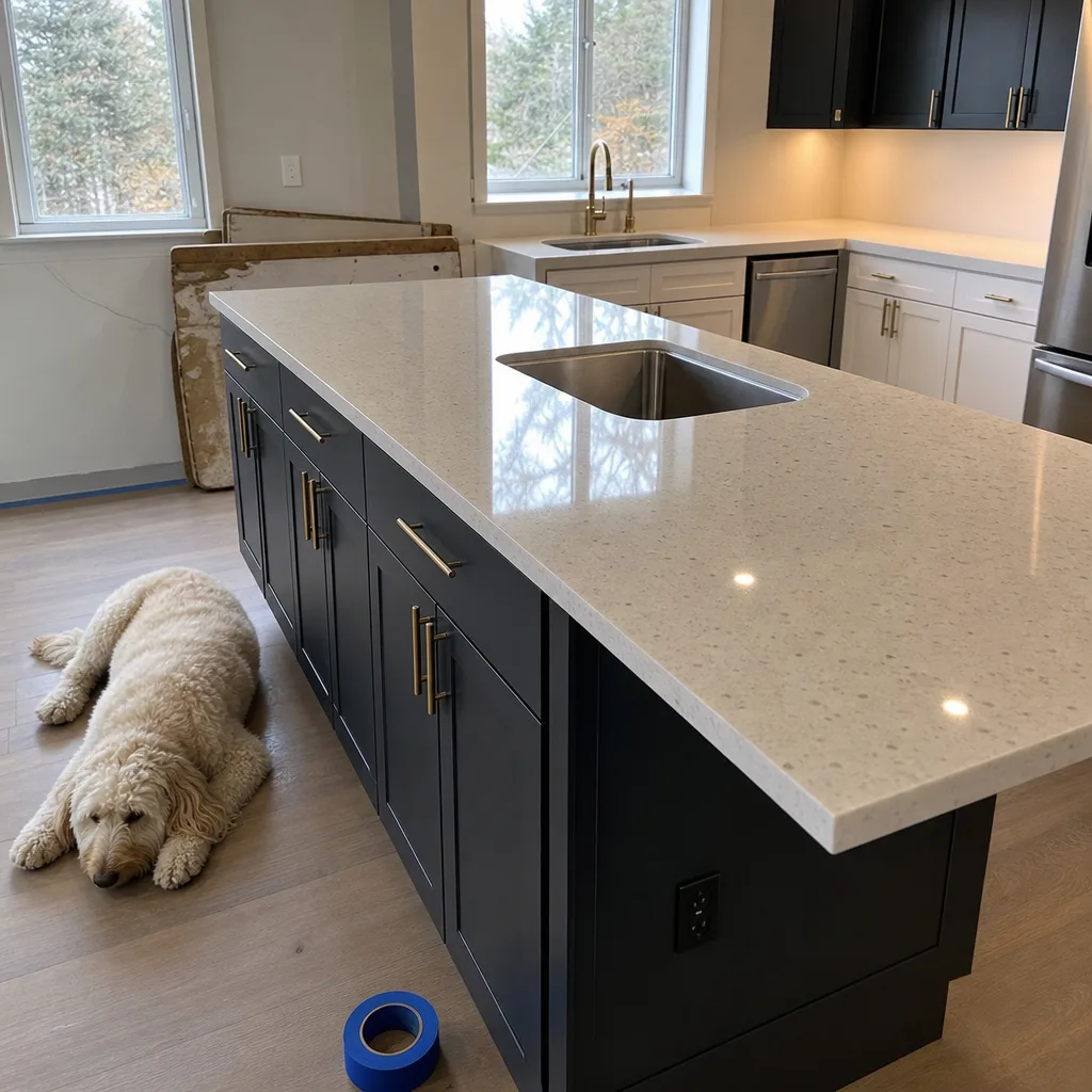 Contractor templating cabinet layout before countertop installation in a Leesburg VA home