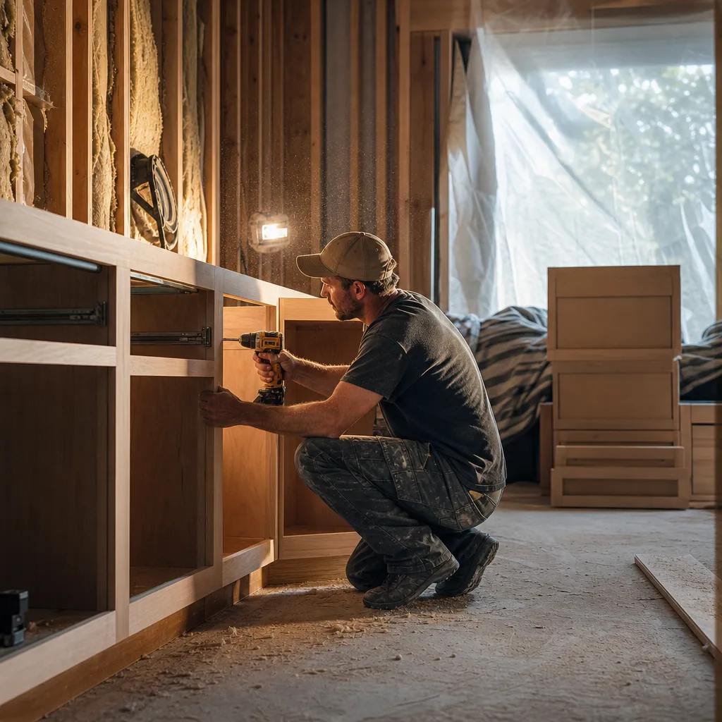 Installer securing a custom cabinet box with drawer slides during installation in a Leesburg VA home