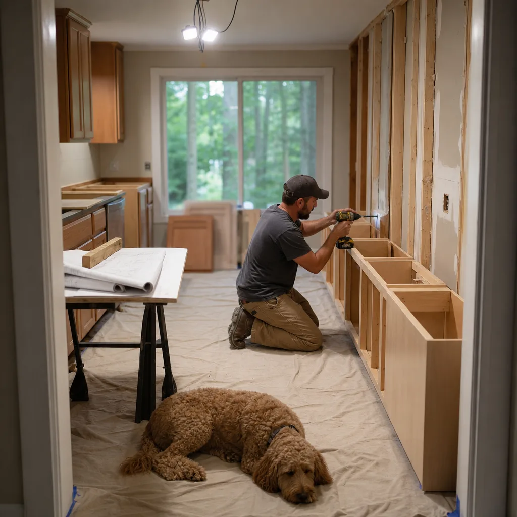 Craftsman finishing a granite countertop edge with a chisel during a custom kitchen design project in a Leesburg VA home